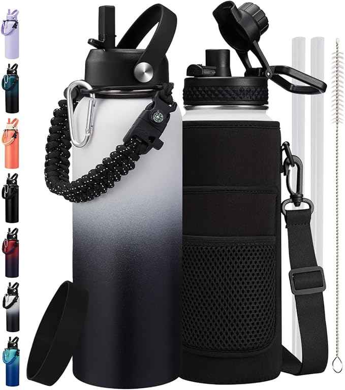 40 oz Insulated Water Bottle with Straw & Spout Lids, Paracord Handle, Bottle Holder with Strap, 40 oz Stainless Steel Water Bottle Cold for 48H, Vacuum Metal Thermal Flask for Work Travel