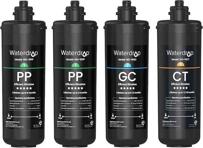 Waterdrop TSA 3-Stage Replacement Water Filter, 𝟏 𝐘𝐞𝐚𝐫 𝐂𝐨𝐦𝐩𝐨 𝐏𝐚𝐜𝐤, Replacement for Waterdrop TSA & TSB 3-stage Under Sink Water Filtration System, 2PP+GC+CT