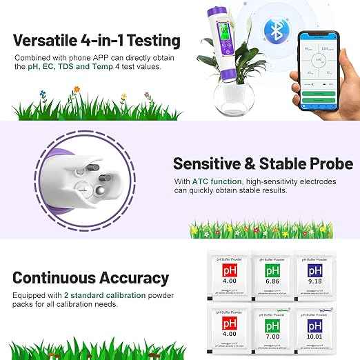 Smart pH Meter for Water pH and EC Meter for Hydroponics Nutrients Digital pH and PPM Tester for Reservoir Water 4 in 1 pH EC TDS Temp Tester for Indoor Plant Growing, DWC, Pool, Aquariums