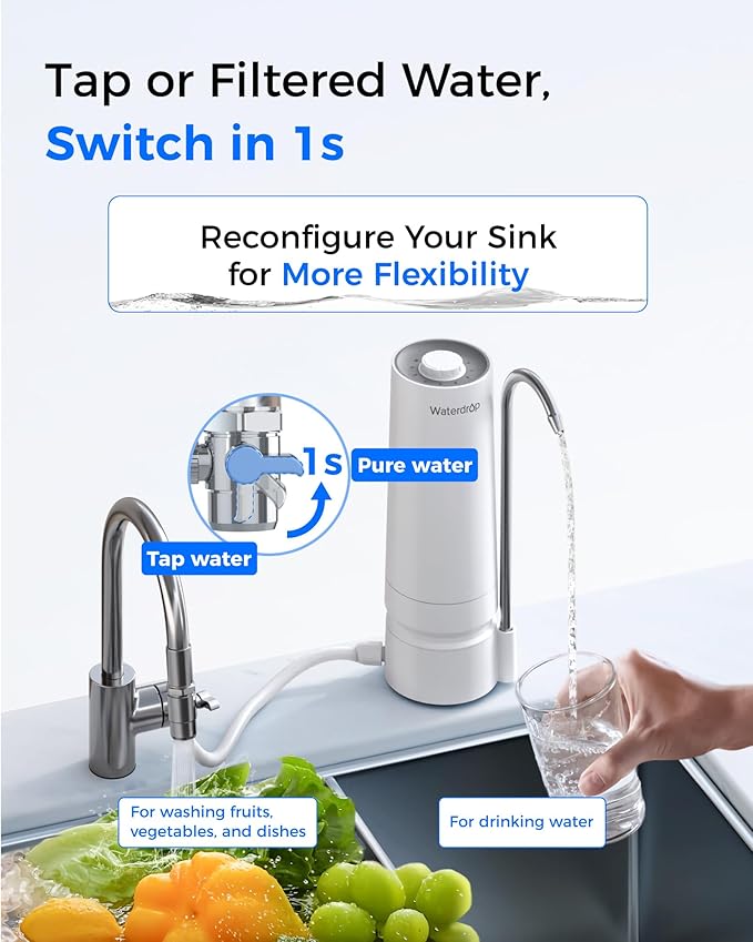 Waterdrop Water Filter for Sink Faucet, 8000 Gallons Countertop Water Filter System and Filter Life Reminder, Reduces Heavy Metals, Bad Odor, and 99% Chlorine, WD-CTF-05 (2 Filter)