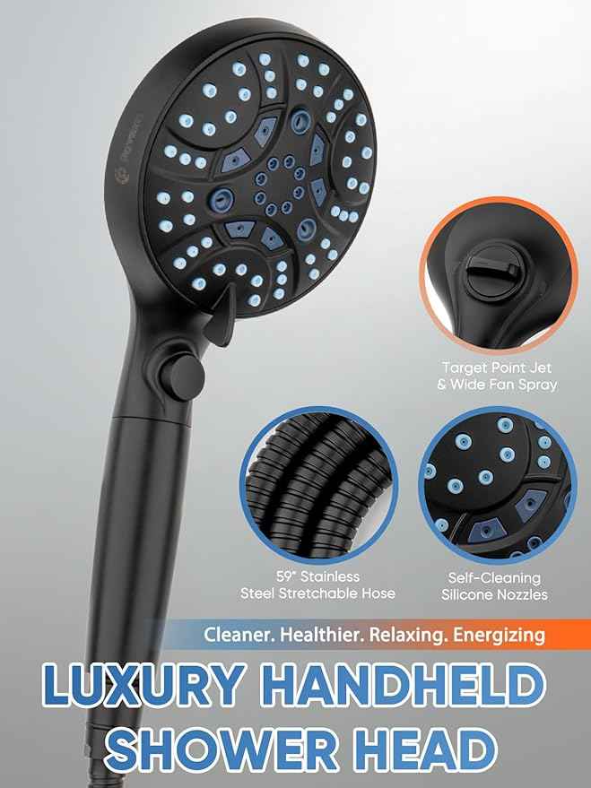 Pavezo® High Pressure Handheld Shower Head with Filter, ON/OFF Switch Pause Button, 10-mode Shower Head with Hard Water Softener Filters, SS Hose, Anti-clog & Powerful to Clean Tile & Pets, Black