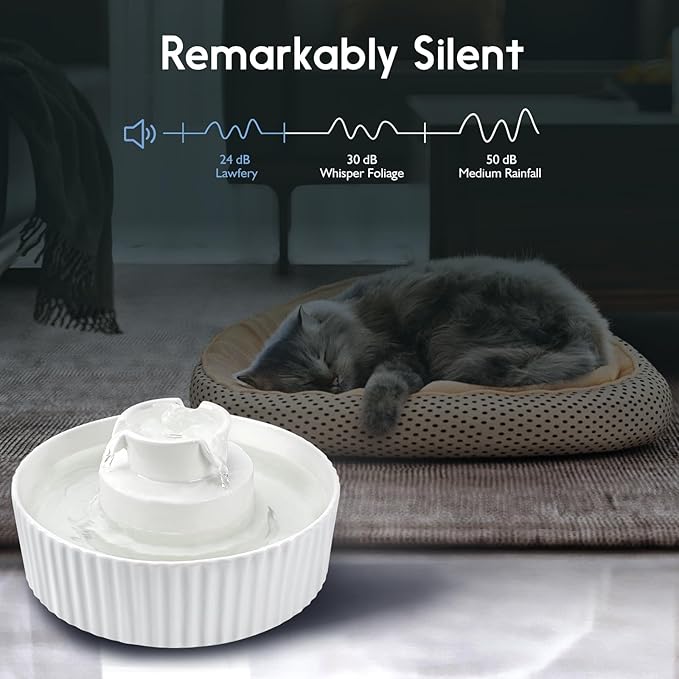 Ceramic Cat Water Fountain, 2.1L/71oz Cat Fountain with 3 Carbon Filters and 2 Quiet Pumps, Cupcake Pet Water Dispenser for Cats and Dogs (White)