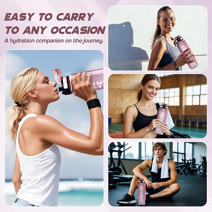 Water Bottle, 32oz Sports Water Bottles with Time Marker Wide Mouth, Motivational and Leakproof Drink Bottle, BPA Free Tritan with Carry Strap for Gym Fitness Outdoor (1 Bottle)