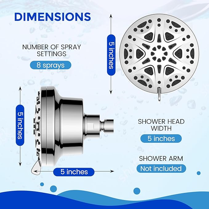 Filtered Shower Head, Water Softener Showerhead for Hard Water - High Pressure, 8 Spray Modes, Chrome Finish