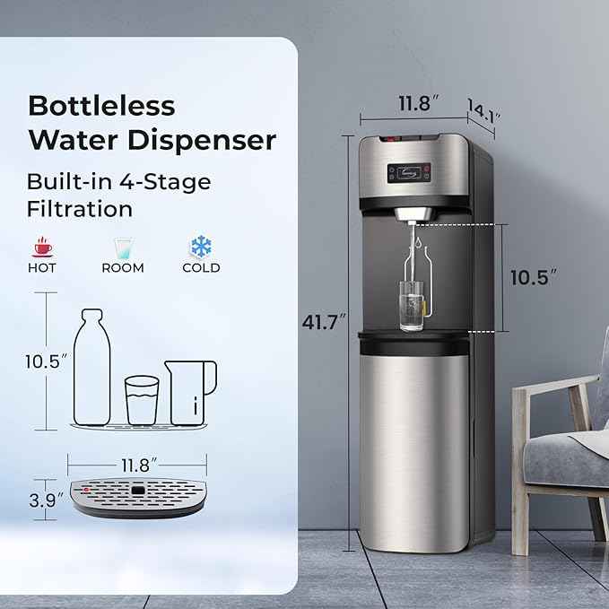 iSpring Bottleless Water Dispenser with Built-in 4-Stage Filtration, Hot/Cold/Room Temp, Self Cleaning, Stainless Steel, Model: DS4S