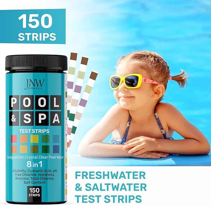 Pool Test Strips 8-in-1, 150 Quick and Accurate Pool and Hot Tub Test Strips - Pool Water Testing Kit for Chlorine, Bromine, pH, Hardness, More - All in 1 Swimming Pool Test Strips by JNW