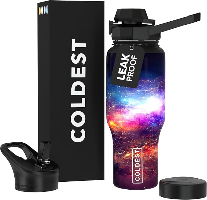 Coldest Sports Water Bottle - 3 in 1 Lids (Chug, Straw, Handle) - Insulated Stainless Steel Tumbler with Handle - Vacuum Water Flask Cup, Valentines Gifts for Him Her (36 oz, The Celestial)