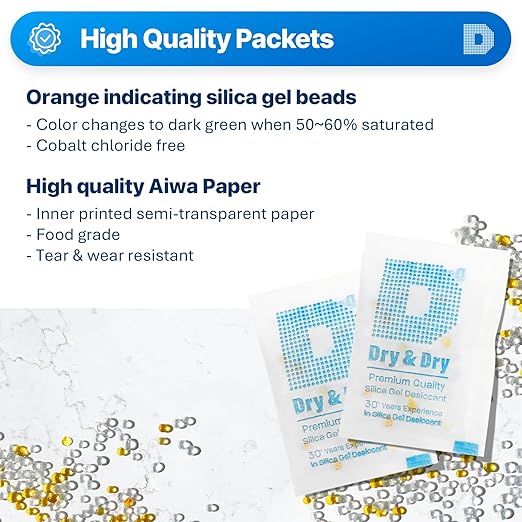 Dry & Dry Premium Orange Indicating Silica Gel Packets Desiccants - Food Safe Silica Gel Packets - White - 60 Packets (5 Gram)