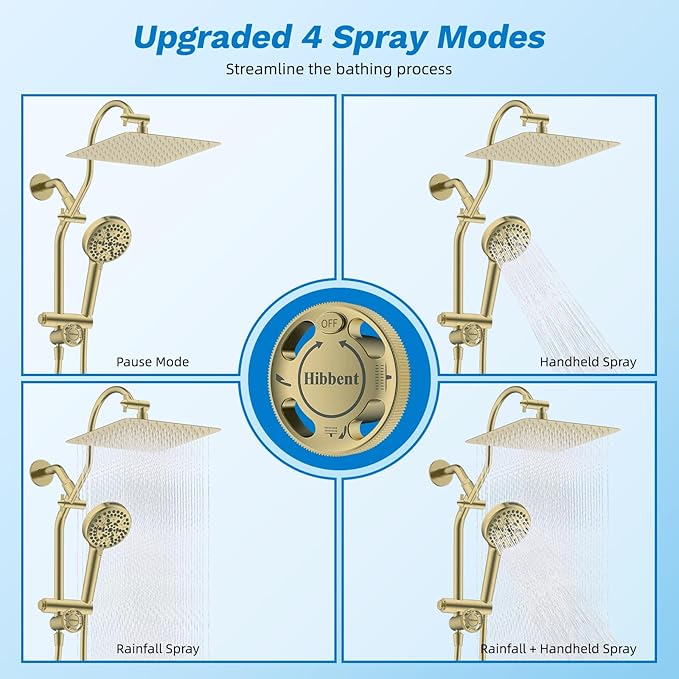 Hibbent cUPC Certified All Metal 10" Rainfall Showerhead Combo, High Pressure Shower Head with 10-Spray Handheld, Innovative 4-way Diverter with Pause Mode, 71'' Shower Hose & Holder, Burshed Gold