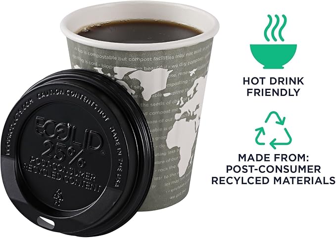 Eco-Products Ecolid Recycled Small Coffee Cup Lids, Case of 1000, Black, Fits 8oz Hot Cups, Made from 25% Post-Consumer Recycled Plastic Polystyrene, Made in the U.S.A.