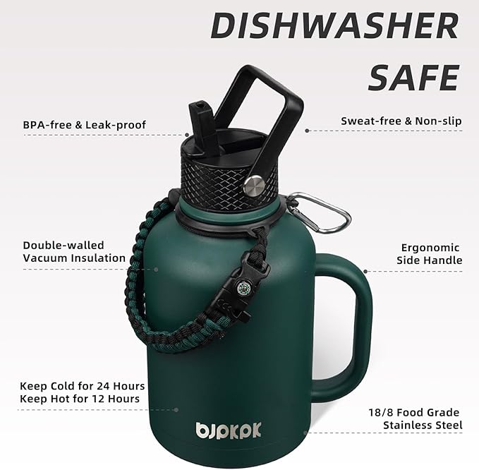 BJPKPK Large Insulated Water Bottles with Straw Lid & Handle, 50oz Water Bottle with 3 Lids and Paracord Strap, Stainless Steel Metal Water Bottle, Insulated Water Jug, Army Green