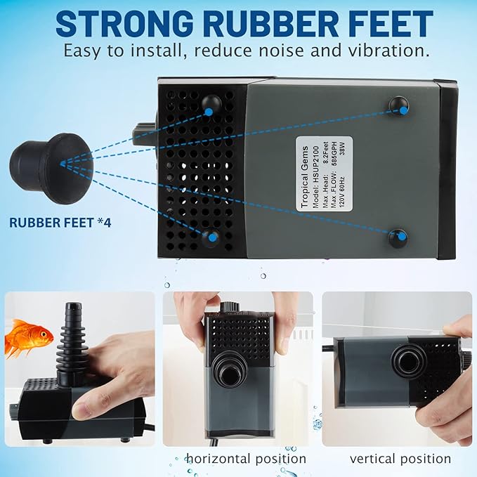 WaterRebirth HSUP2100F Versatile Submersible Pump - Fountain Jets for Ponds, Fish Tanks, Water Gardens - Aquarium & Pond Pump (2100L/H) - AquaVibe