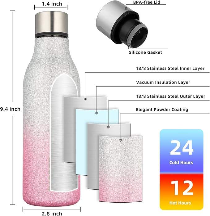 BJPKPK Insulated Water Bottles, 18 oz Stainless Steel Metal Water Bottle with Strap, BPA Free Leak Proof Jugs,Mugs,Flasks, Reusable Thermal Flasks for Sports & Travel,Sparkling Silver Pink