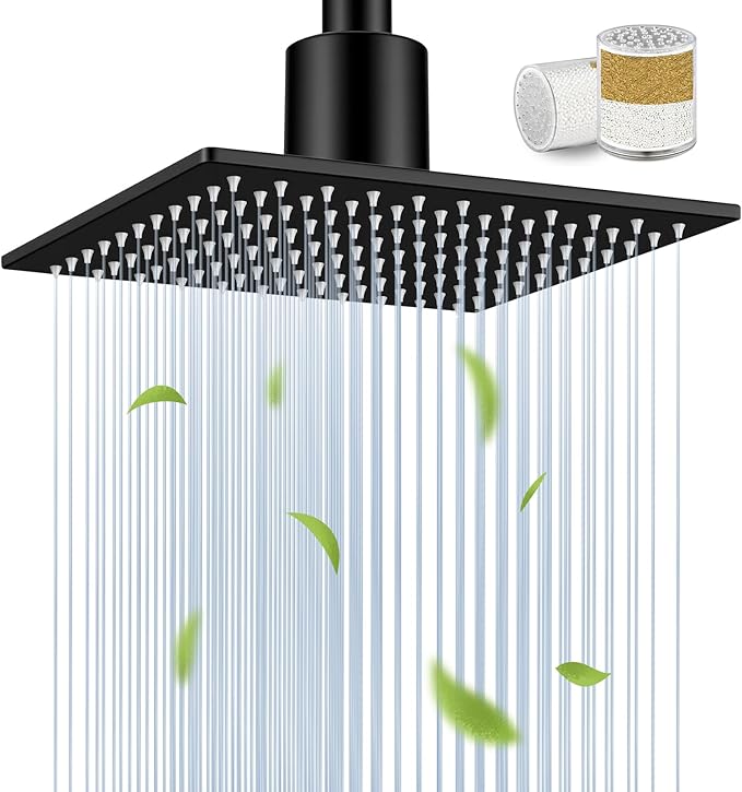 Filtered Shower Head for Hard Water, All-Metal High Pressure Rain Showerhead with Premium Filter, Removes Chlorine & Harmful Substances, Adjustable Replacement, Matte Black