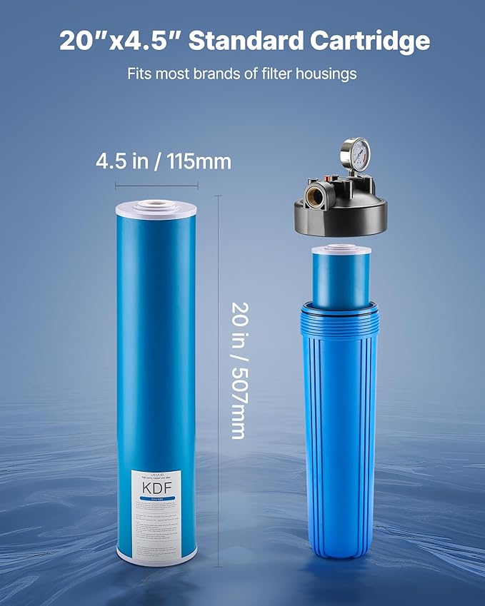 VEVOR KDF Whole House Water Filter, 20 x 4.5 Inch Universal Fit Cartridge, 100,000 Gal Capacity, Coconut Shell GAC + Copper Zinc Alloy, Reduces Heavy Metals, Chlorine, Bad Taste & Odor
