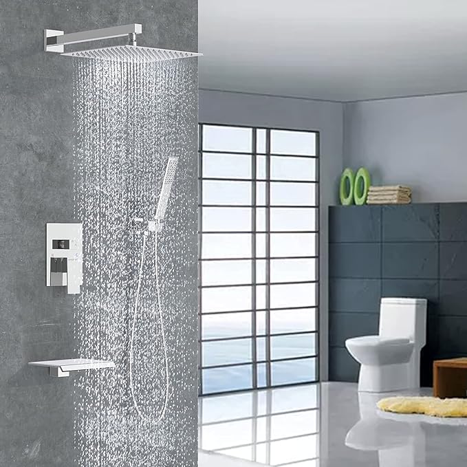 EMBATHER Shower System with Tub Spout, 10 Inches Tub Shower Faucet Set For Bathroom, High Pressure Rain Shower with Handheld Spray, Chrome (Contain Shower Valve and Trim kit)