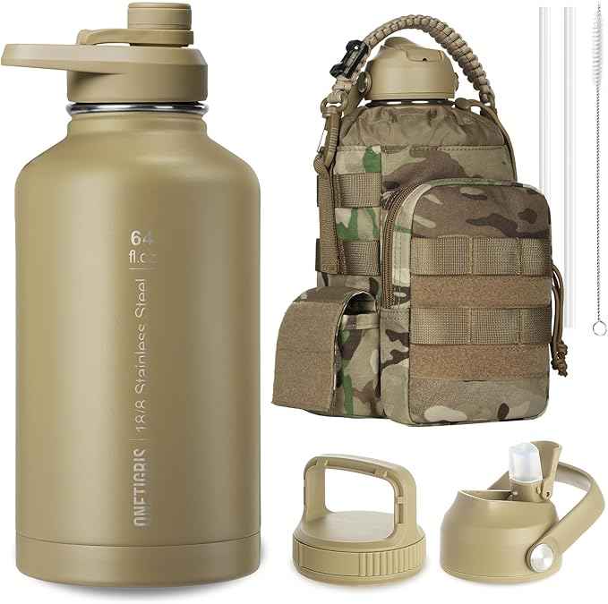 ONETIGRIS Tactical Half Gallon Water Bottle with Straw - 64 oz Vacuum Insulated Stainless Steel Water Jug, Leakproof Sport Bottle with 3 BPA Free Lids, Paracord Handle & MOLLE Water Pouch for Outdoor
