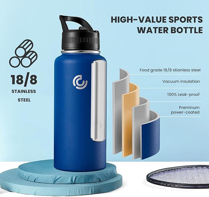 COKTIK 32oz Sports Water Bottle, Stainless Steel Water Bottle for Insulated, Reusable Travel Bottle, With Straw, With Handle Grip for Easy Carrying, Suitable for Cycling, Outdoor Vacations(Cobalt)