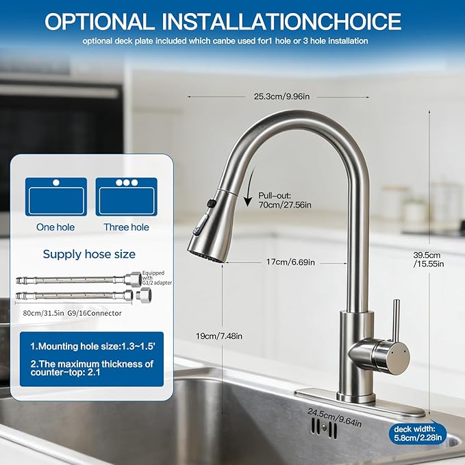 Kitchen Faucet with Pull Down Sprayer，Brushed Nickel, Kitchen Sink Faucet，High Arc Single Handle Classic Stainless Steel Sink Faucet，1 or 3 Hole,Suitable for Farmhouse Camper Laundry Rv Bar