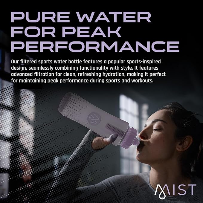 Mist Sports Squeeze Water Bottle with Built-In Filter for Pure Water, Lightweight and Easy Grip Squeeze Water Bottles Sports Quality, Leak Proof & BPA Free Athletic Water Bottle Squirt Top, Lavender