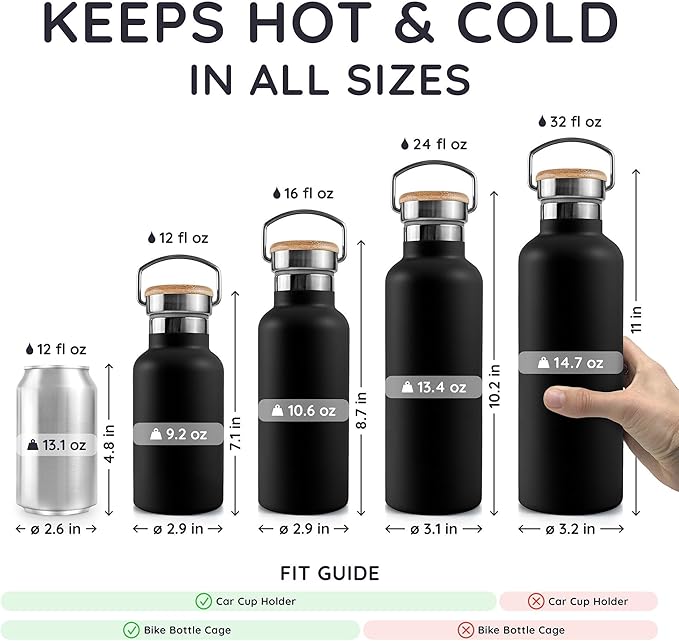 Bambaw Insulated Water Bottle 32 oz, Wide Mouth Stainless Steel Water Bottle with Handle, Made of High-Grade Stainless Steel, Convenient for Hot & Cold Drinks (Jet Black)