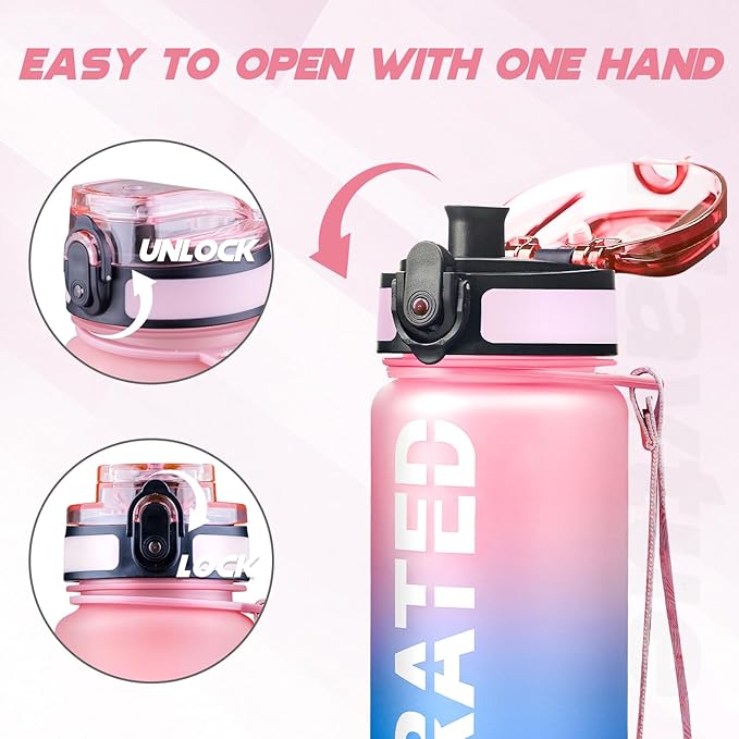 Water Bottle, 32oz Sports Water Bottles with Time Marker Wide Mouth, Motivational and Leakproof Drink Bottle, BPA Free Tritan with Carry Strap for Gym Fitness Outdoor(1 Bottle)