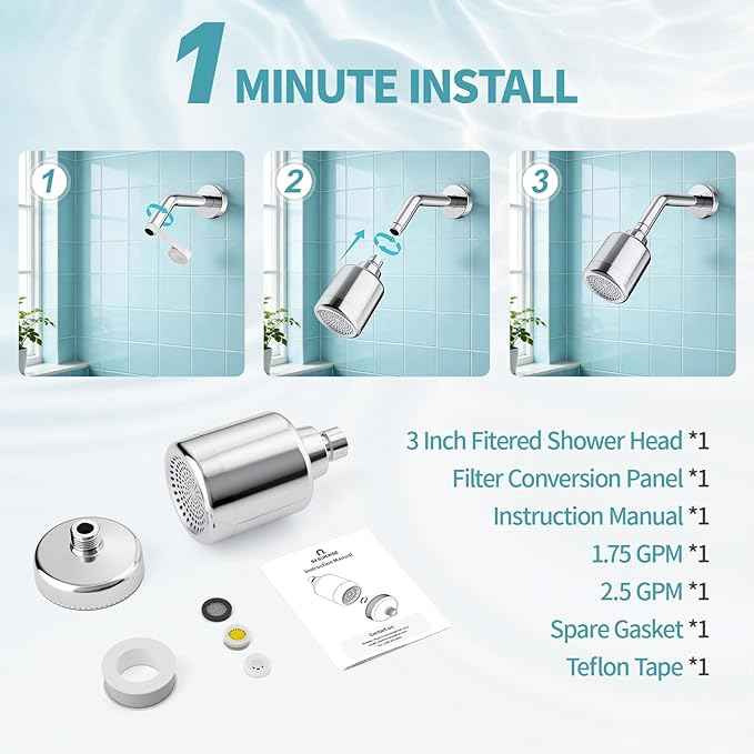 SR SUN RISE 2-IN-1 Filtered Shower Head & Shower Filter with 20-Stage Cartridge – High Pressure Shower Head & Hard Water Softener, Removes Chlorine for Healthier Skin and Hair（ 3 Inch, Chrome, NSF）