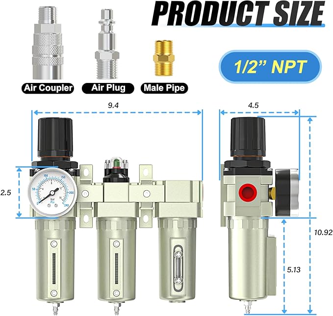Heavy Duty Industrial Grade 1/2" NPT 3 Stage Air Drying System,Coalescing Filter, Particulate Filter, Desiccant Dryer and Air Regulator, Manual Drain, For Plasma Cutter and Paint Spray - AquaVibe