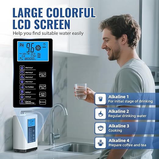 Alkaline Water Ionizer Machine, Water Machine PH 4-10.5 for Alkaline & Acidic Water, 5 Titanium Plates, Up to -500mV ORP, 8,000L Filter, 7 Water Settings, Auto-Cleaning, Intelligent Voice