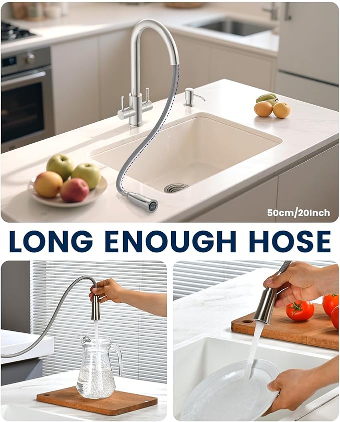 APPASO 2 Handle Kitchen Faucet with Soap Dispenser, Brushed Nickel Two-Handle Kitchen Sink Faucets with S304 Stainless Steel Pull Down Sprayer 1 Mode and Deck Plate for 1 to 4 Holes Sinks, High Arch