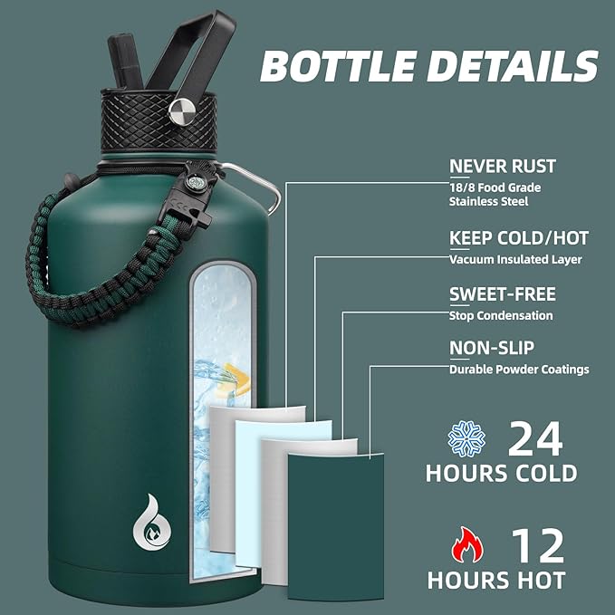 BJPKPK 2/3 Gallon Water Bottle with Straw Lid, 87oz Large, Stainless Steel Water Bottles with 3 Lids and Paracord Strap, Double Wall Vacuum Metal Water Jug, Army Green