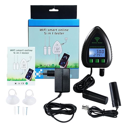 Smart Water Quality Tester 5 in 1 pH TDS SG Temp Salinity Tester WiFi Water Quality Meter Data Logger pH Tester TDS Tester Remote Monitor Alarm Notification and Record for Aquarium Hydroponics Pond