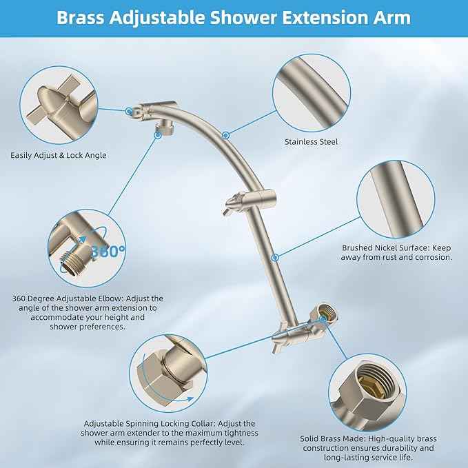 Hibbent All Metal Rain Filtered Shower Head, 12'' High Pressure Rainfall Showerhead with 16" Shower Extension Arm, 20 Stage Shower Filter, Solid Brass Adjustable Shower Arm Extender, Brushed Nickel