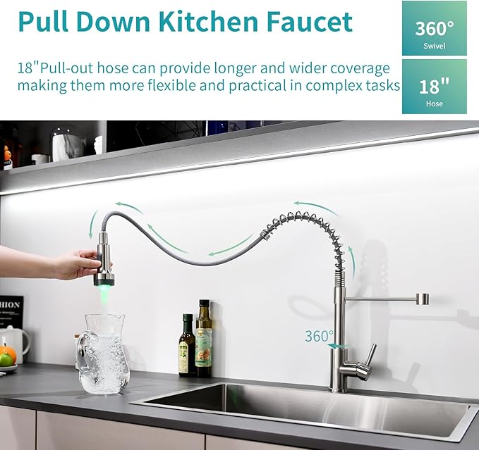 GIMILI Kitchen Faucet with Pull Down Sprayer Single Hole Stainless Steel LED Faucet, Suitable for Farmhouses, RV, Laundry Room, Outdoor, and Campers. Llave para fregadero de cocina Brushed Nickel