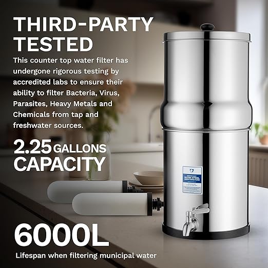 Survivor Filter Ultra Gravity Water Filter System - Stainless Steel Countertop Gravity Fed Water Filter with Stand, 2.25 Gallon, for Home and Outdoors - Removes Bacteria, Viruses, and Parasites