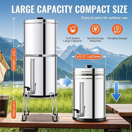 Happybuy Gravity-fed Water Filter System, 2.25G 304 Stainless-Steel Countertop Water Filtration System. Reduces Lead and up to 99% of Chlorine
