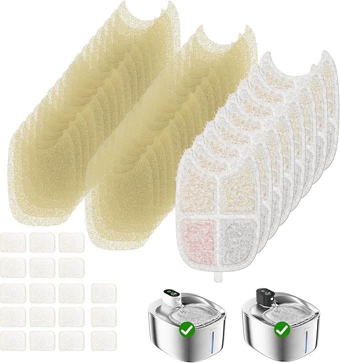 Wireless Cat Water Fountain Filter, 8 Pack Filters with 32 Pre-Filter Sponge for Cat Fountain Stainless Steel 135 fl oz, 6 Layer Replacement Filters for Pet Fountain Battery Operated