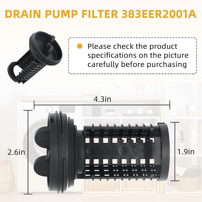 383EER2001A Washer Drain Pump Filter Fit for L-G Ken-more Washer Dryer Combo by AMI PARTS, Trap Washer Drain Pump Replaces AP4440367 383EER2001F 5230ER3002A 1267432 AGM75510601 PS3522306
