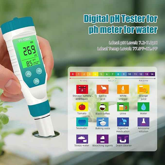 PH Meter for hydroponics & Spa Salt Tester – 5‑in‑1 pH, Salinity, TDS, EC & Temp Meter with 12.88 mS/cm Calibration – Saltwater Pool, Hot Tub & Aquarium Water Quality Monitor