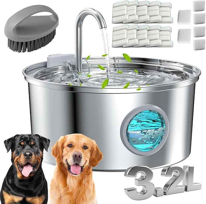 Dog Water Fountain, 3.2L/7L Filtered Water Fountain, Super Quiet Stainless Steel Dog Fountain Water Bowl for Large Dog Cats & Small Animals (Silver, 3.2L-with 10 Filter Element)
