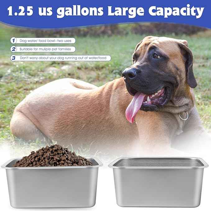 1.25 Gallons Large Dog Water Bowl, 2PCS Stainless Steel Metal Dog Bowls, Large Capacity Pet Food Bowl Water Dish for Indoor and Outdoor Universal for Small & Medium Dogs 12.6''×8.7''×3.9''