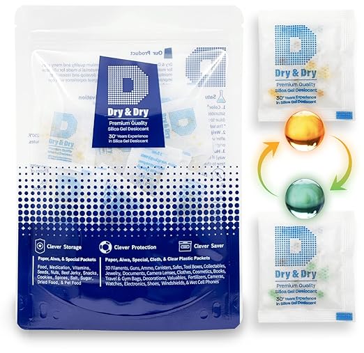 Dry & Dry 3 Gram [50 Packets] Orange Indicating Silica Gel Packets Desiccants - Food Safe Silica Packs, Silica Gel, Silica Packets, Desiccant Packs for Food Storage