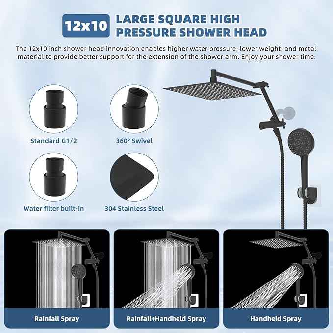 12“ All Metal Black Rain Shower Head with Handheld Spray Combo, High Pressure Rainfall Shower Head with16" Shower Extension Arm, 5“ Handheld Spray Powerful Clean 10-Mode, 3-Way Diverter, Shower Hose
