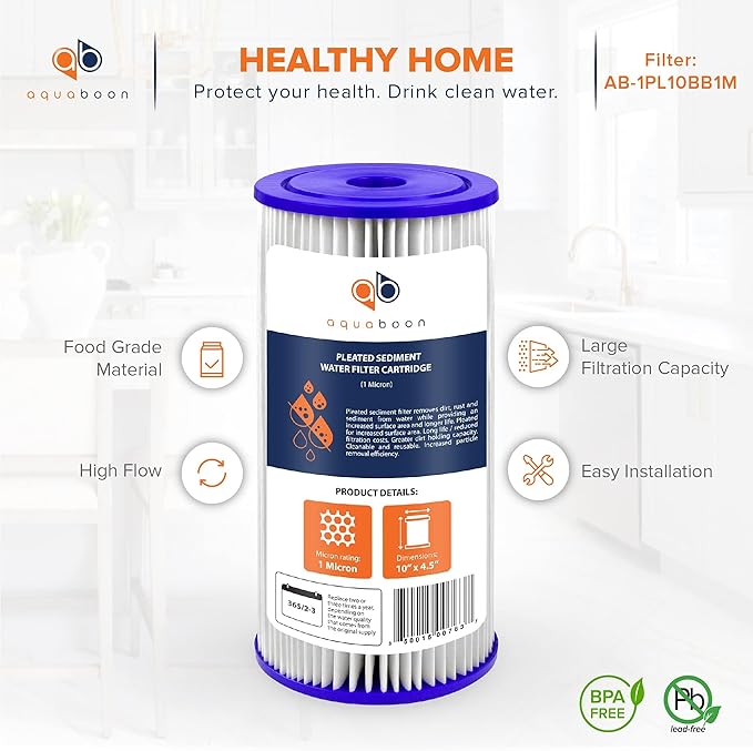 Aquaboon 1 Micron Pleated Water Filter 10 x 4.5 for Whole House Sediment Water Filter Replacement Compatible with Well Filters FXHSC, R50-BBSA (4-PACK)