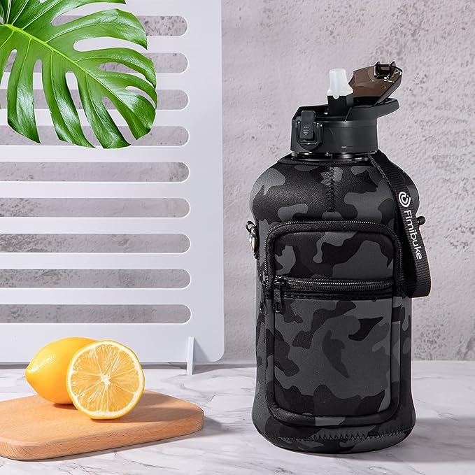 Fimibuke Half Gallon Water Bottle with Sleeve 64 OZ Water Bottle with Handle & Straw Leakproof Motivational Sports Gym Water Bottle with Time Marker BPA Free Water Jug with Reusable Neoprene Holder