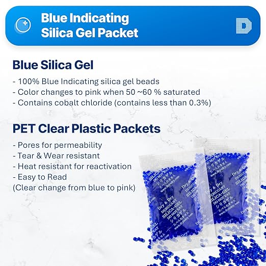 Dry & Dry 10 Gram Blue Indicating Silica Gel Packs - 100 Rechargeable Packets