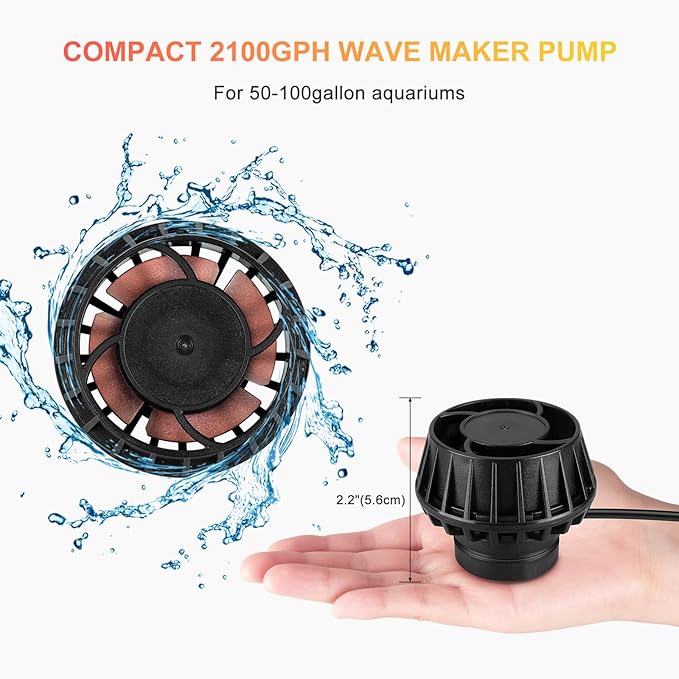 2100GPH Aquarium Wave Maker with Controller Mini DC 24V 12W Powerhead with Magnetic Mounting, Wavemaker with LED Display for 50 to 100 Gallon Tank - AquaVibe