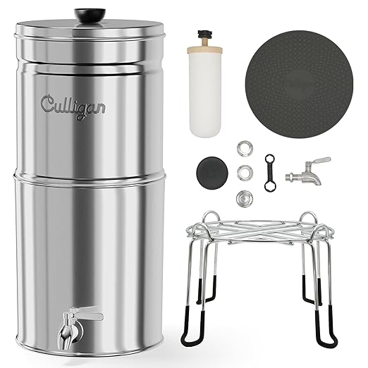 Culligan with MaxClear Technology 3 Gallon Gravity Water Filter System, Polished Countertop Ceramic Water Filter NSF/ANSI Certified to Reduce Lead, Microplastics & Total PFAS, with 3 Filters