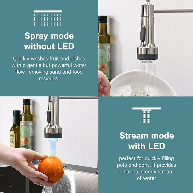 GIMILI Kitchen Faucet with Soap Dispenser Single Hole Pull Down Sprayer LED Faucet, Suitable for Farmhouses, RV, Laundry Room, Outdoor, and Campers. Llave para fregadero de cocina Brushed Nickel