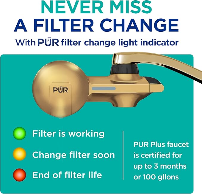 PUR Plus Faucet Mount Water Filtration System with Lead Reducing Mineral Core Filter, Attaches to Kitchen Sink, Horizontal, Brass, PFM410F